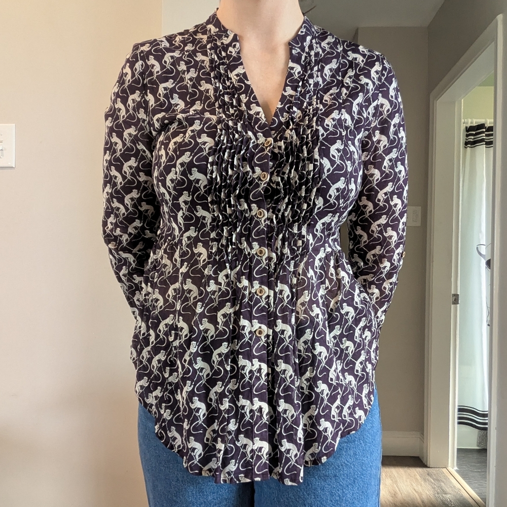MAEVE Women's Dark Purle and White Monkey Patterned Top